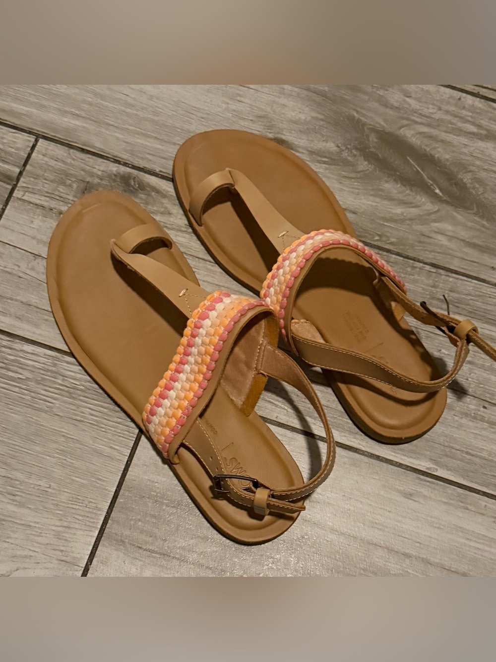 TOMS Bree Sling Back Leather Sandals w/Woven Trim Size 9. Gently Used